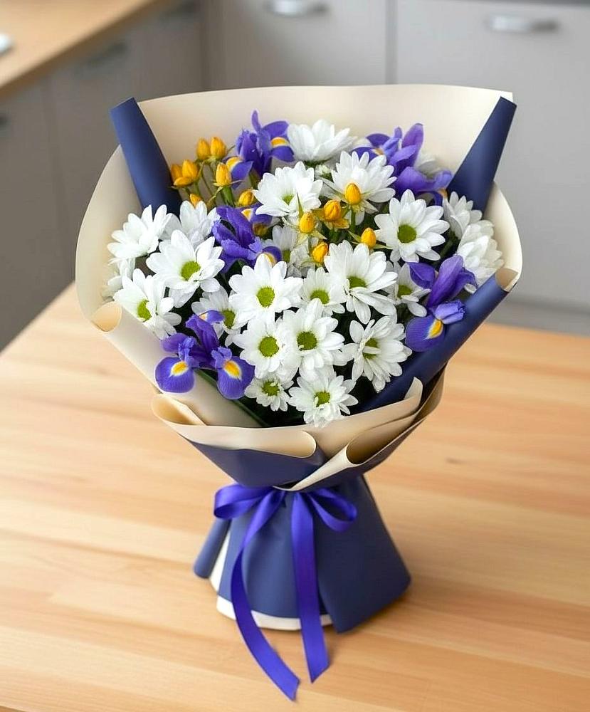 Букет цветов из: Розы, Ирисы и Хризантемы в Зарубино