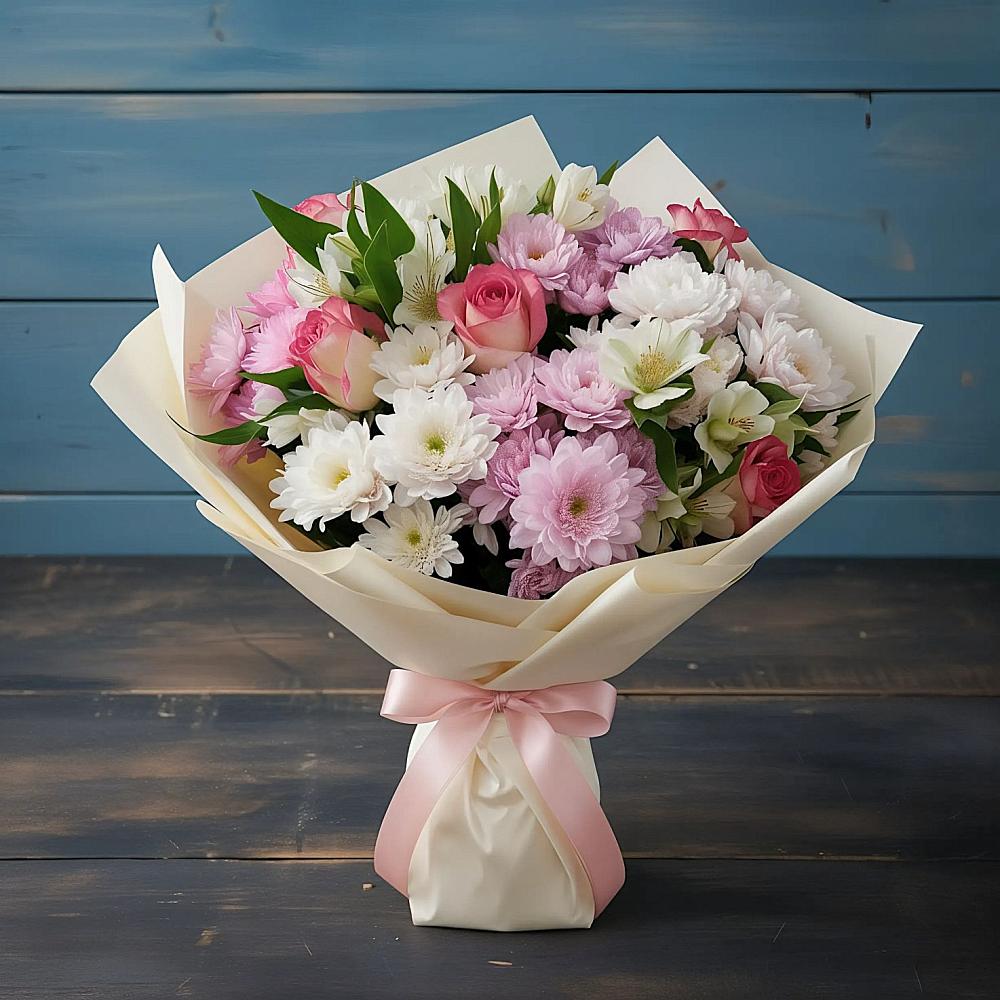 Букет цветов из: Хризантемы, Альстромерии и Розы в Зарубино